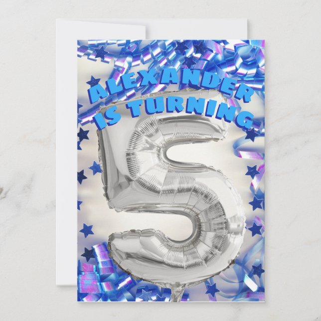 Fifth Birthday Silver and Blue Age 5 Boys Party Invitation (Front)