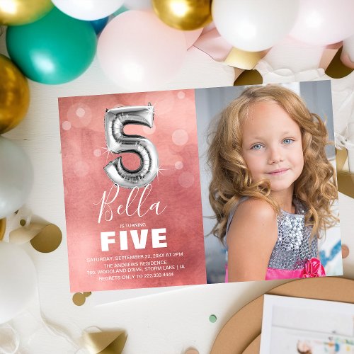 Fifth Birthday Silver Balloon  Pink Photo Party Invitation