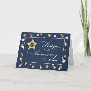 Fifth Employee Anniversary Navy Gold Effect Stars Card