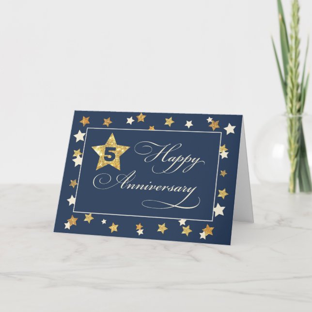 Fifth Employee Anniversary Navy Gold Effect Stars Card (Front)
