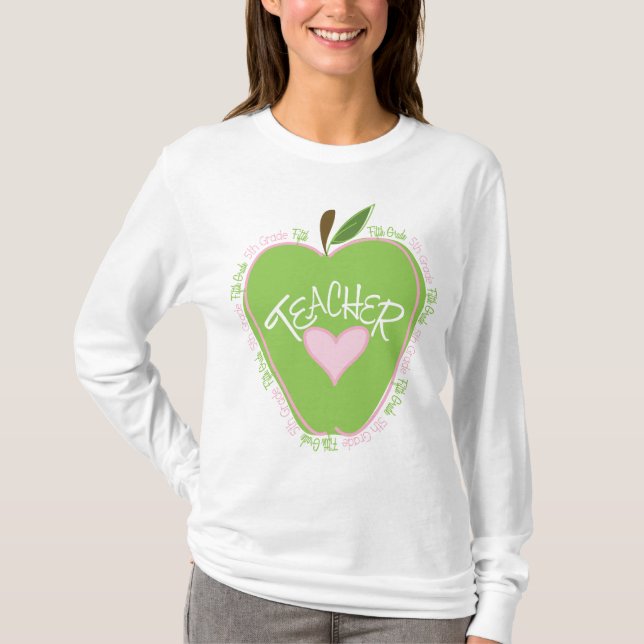 Fifth Grade Teacher Pink & Green Apple T-Shirt (Front)