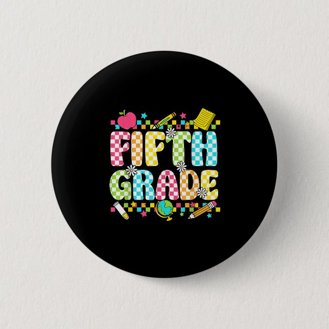 Fifth Grade Teacher Student Groovy Checkered Back  Button (Front)