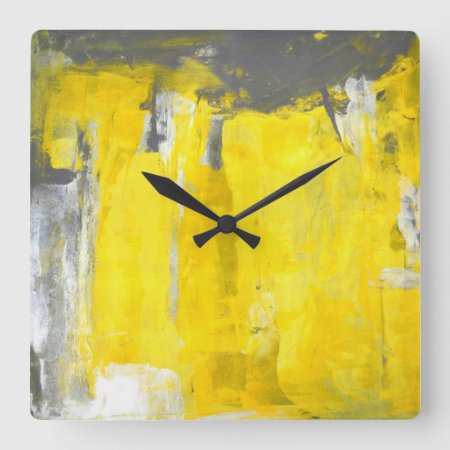 'fifth' Grey And Yellow Abstract Art Square Wall Clock