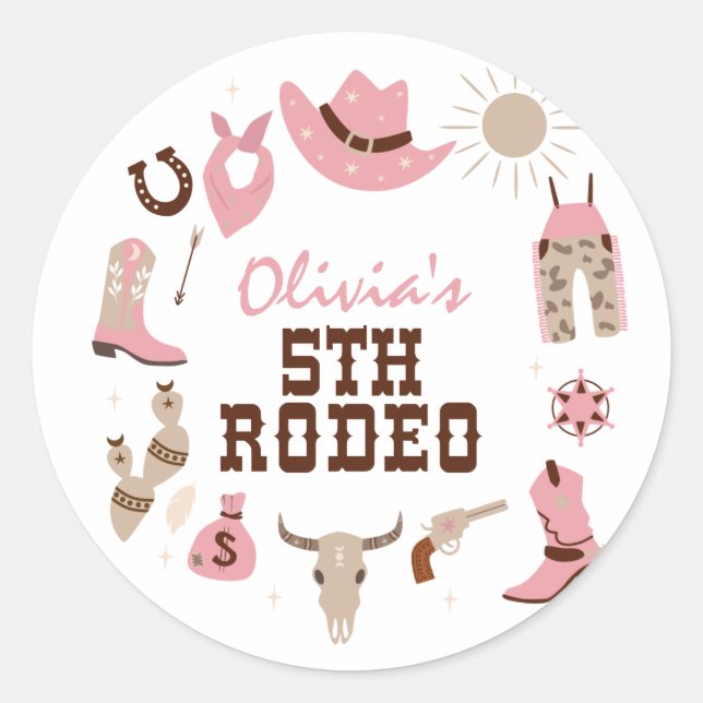 Fifth Rodeo Pink Western Cowboy 5th Birthday Classic Round Sticker (Front)