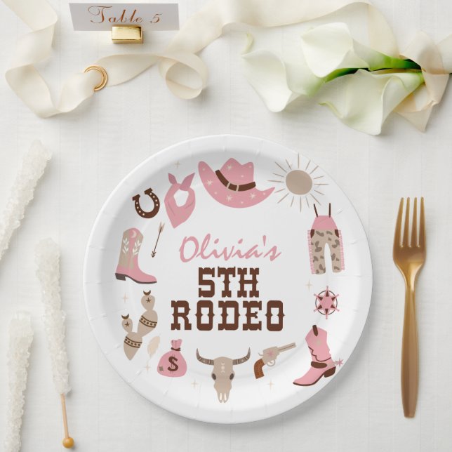Fifth Rodeo Pink Western Cowboy 5th Birthday Paper Plates (Wedding)