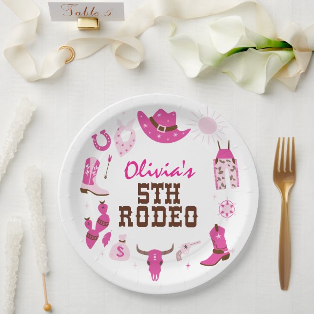 Fifth Rodeo Pink Western Cowboy 5th Birthday Paper Plates (Wedding)