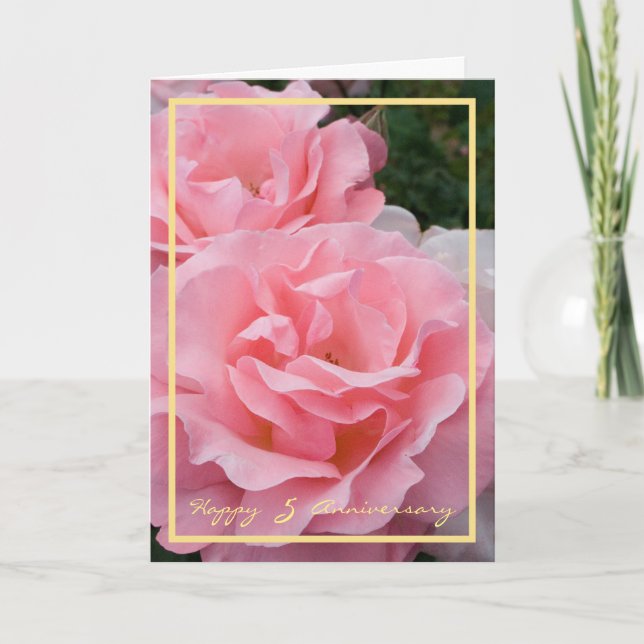 Fifth Wedding Anniversary Wishes 2 Pink Roses Card (Front)