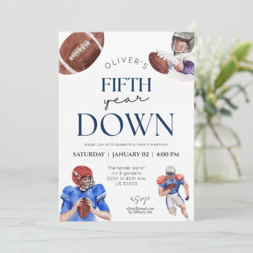 Fifth year down football theme boy 5th birthday invitation