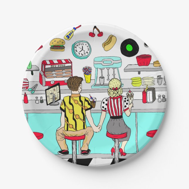 Fifties Diner Nostalgic Couple Holding Hands Art Paper Plates (Front)