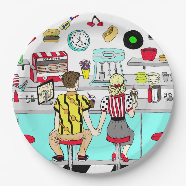 Fifties Diner Nostalgic Couple Holding Hands Art Paper Plates (Front)