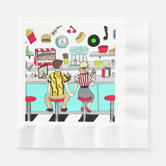 Fifties Diner Nostalgic Couple Holding Hands Napki Napkins (Front)