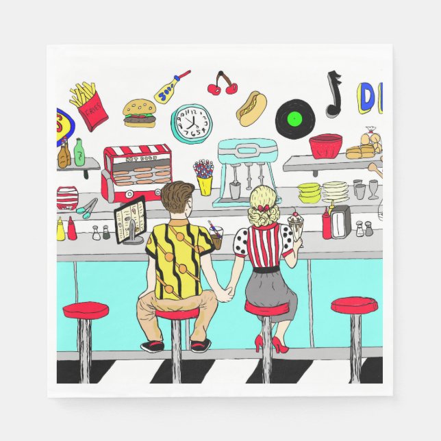 Fifties Diner Nostalgic Couple Holding Hands Napkins (Front)