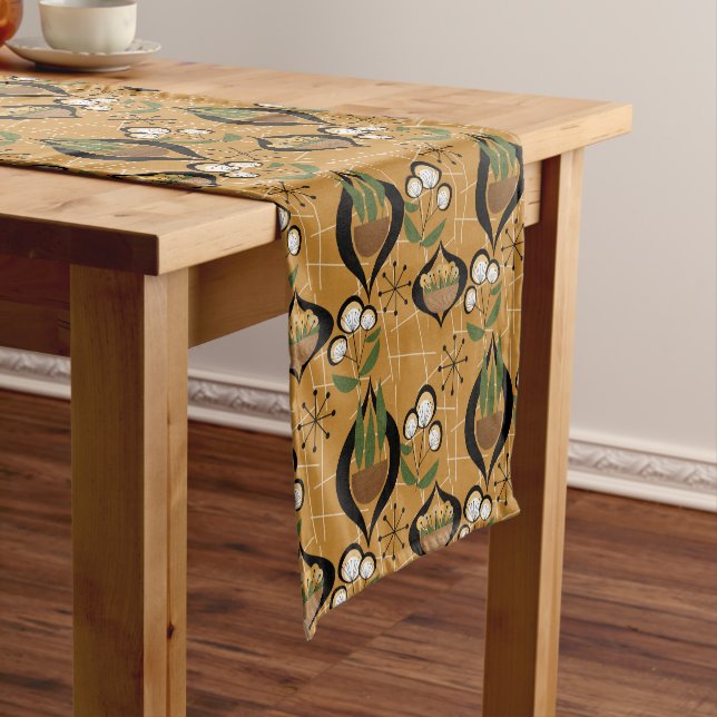 Fifties Houseplants on Gold | Atomic Mid-Century Short Table Runner (In Situ)