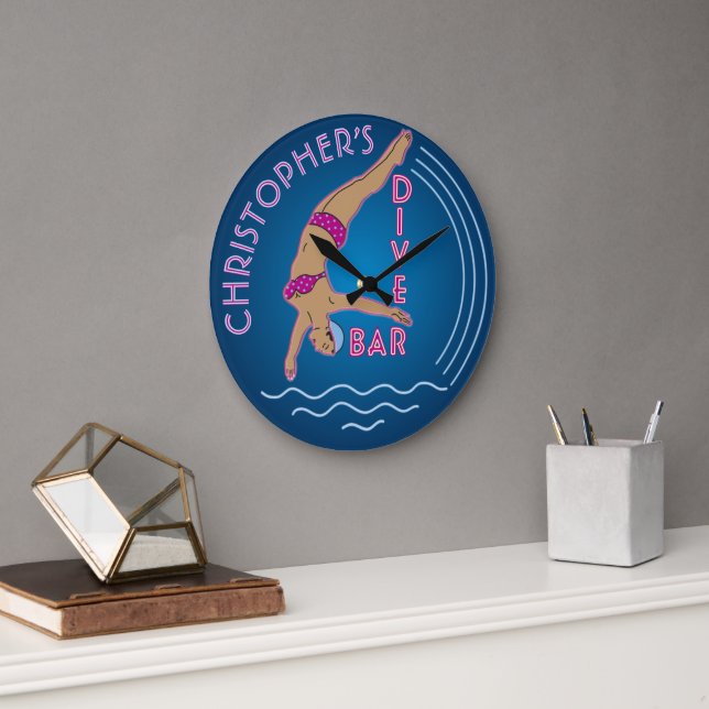 Fifties Retro Neon Look Bikini Swimmer Dive Bar Large Clock (Office)