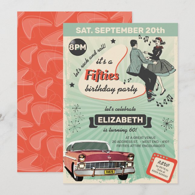 Fifties Rockabilly Birthday Party In Green Invitation (Front/Back)