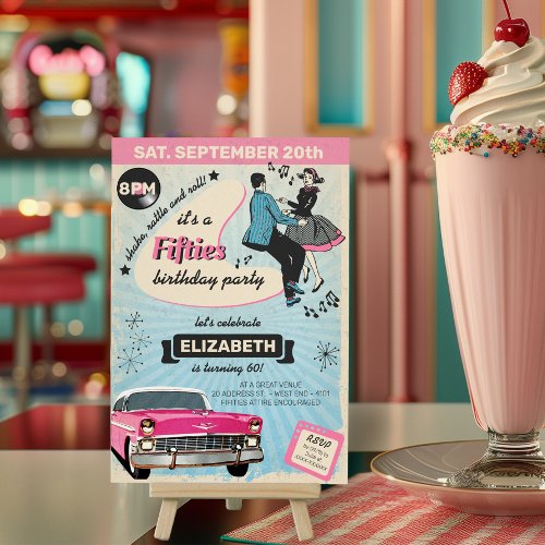 Fifties Rockabilly Birthday Party In Pink Invitation
