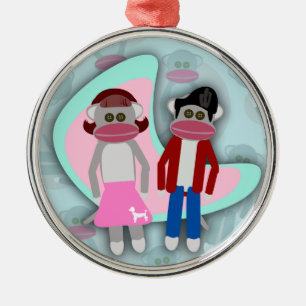 Fifties Sock Hop Sock Monkeys Retro Art Cartoon Metal Ornament