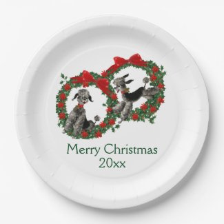 Fifties Style Poodles and Poinsettia Holly Wreaths Paper Plates
