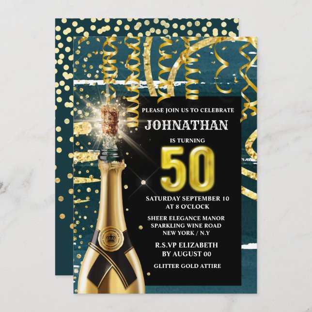 Fiftieth blue gold sparkling wine celebration  invitation (Front/Back)