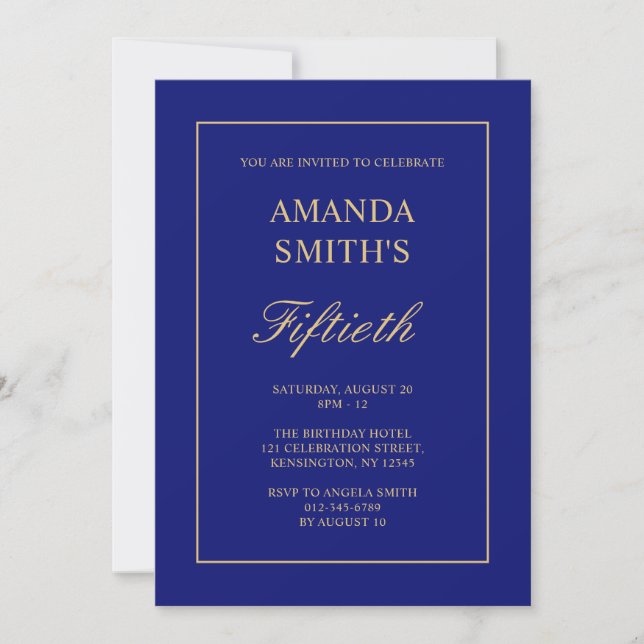 Fiftieth Elegant Gold Navy Blue 50th Birthday Invitation (Front)