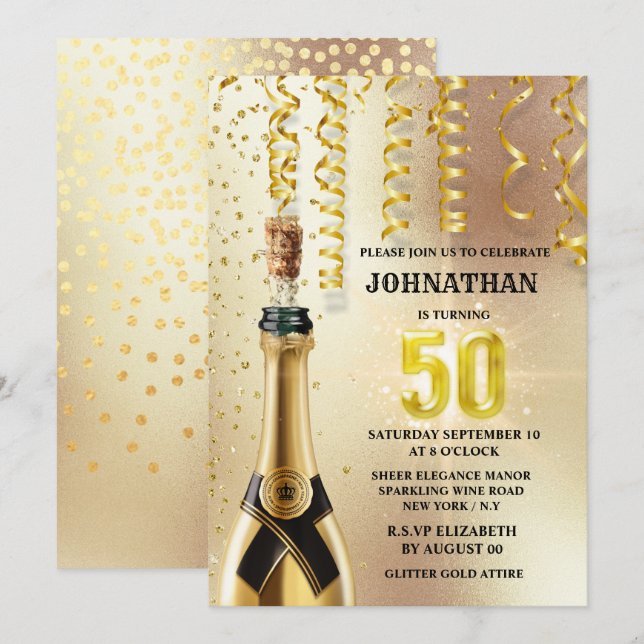 Fiftieth gold glitter sparkling wine elegant party invitation (Front/Back)