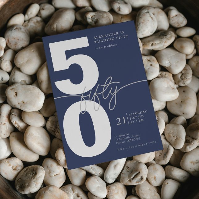 Fiftieth Minimal Modern Birthday Party Navy Gray Invitation (Creator Uploaded)