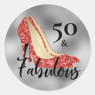 Fifty 50 and Fabulous Red Glitter Heels Shoes Classic Round Sticker