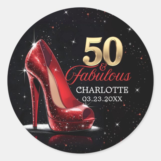 Fifty 50 & Fabulous BIRTHDAY Red Gold High Heels Classic Round Sticker (Front)