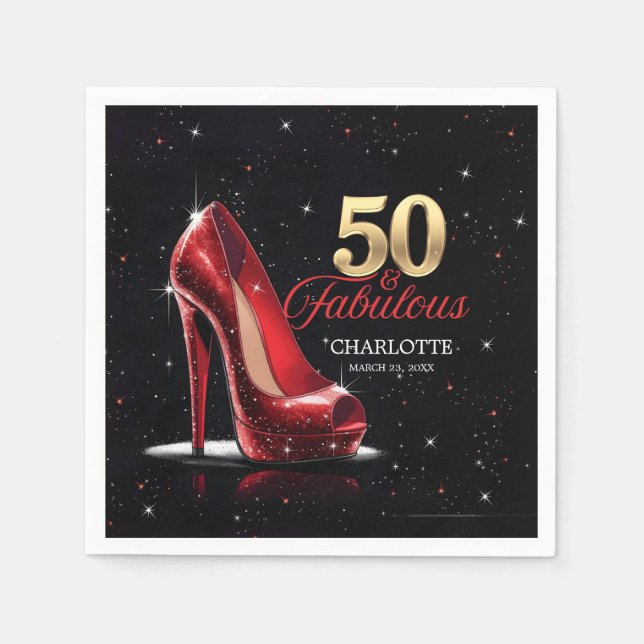 Fifty 50 & Fabulous BIRTHDAY Red Gold High Heels Napkins (Front)