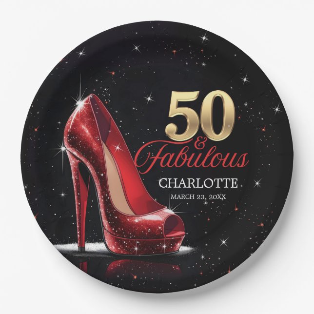 Fifty 50 & Fabulous BIRTHDAY Red Gold High Heels Paper Plates (Front)
