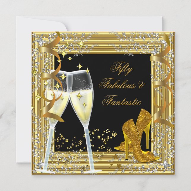 Fifty 50 & Fantastic Fabulous Gold Black Invitation (Front)