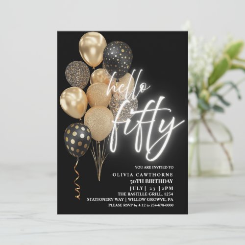 Fifty 50th Birthday Balloons Black and gold