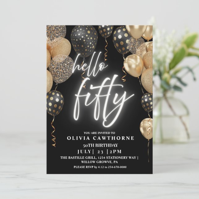 Fifty 50th Birthday Black & gold Balloons Invitation (Standing Front)