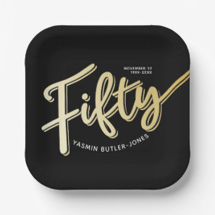 Fifty 50th Birthday custom name script gold color Paper Plates