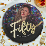 Fifty 50th Birthday custom photo script gold color Paper Plates<br><div class="desc">Fifty gold color affect script text photo party plates. Personalize this 50th birthday party script photo birthday plate with your own birthday girls name and a photo of your birthday girl. Other years and matching items are available. © Original design by Sarah Trett for www.mylittleeden.com on Zazzle.</div>