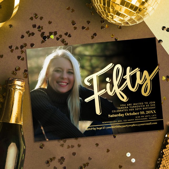 Fifty 50th Birthday custom photo script gold Foil Invitation (Creator Uploaded)