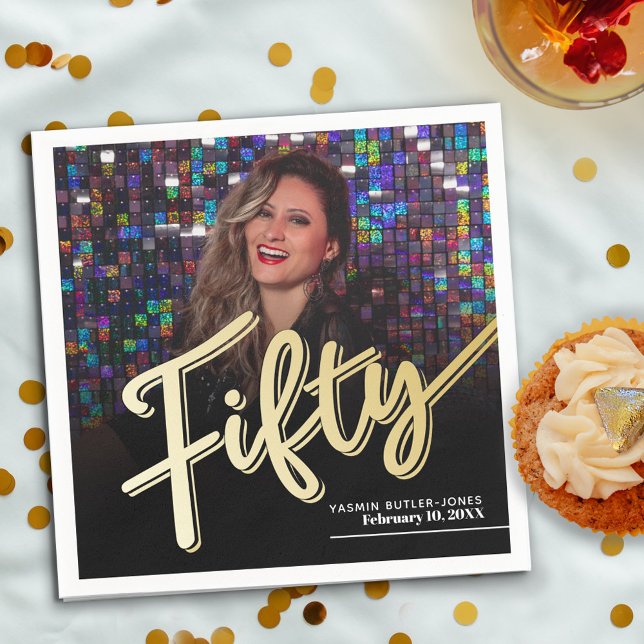 Fifty 50th Birthday custom photo script gold Napkins (Creator Uploaded)