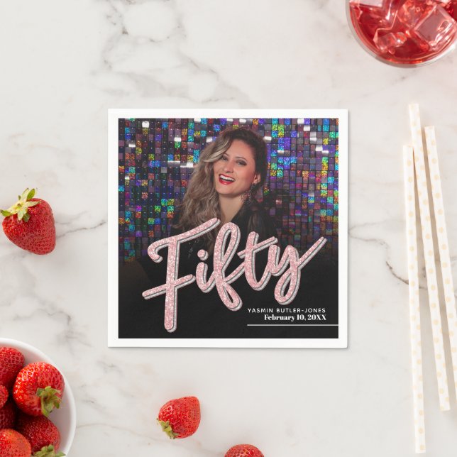 Fifty 50th Birthday custom photo script pink Napkins (Insitu)