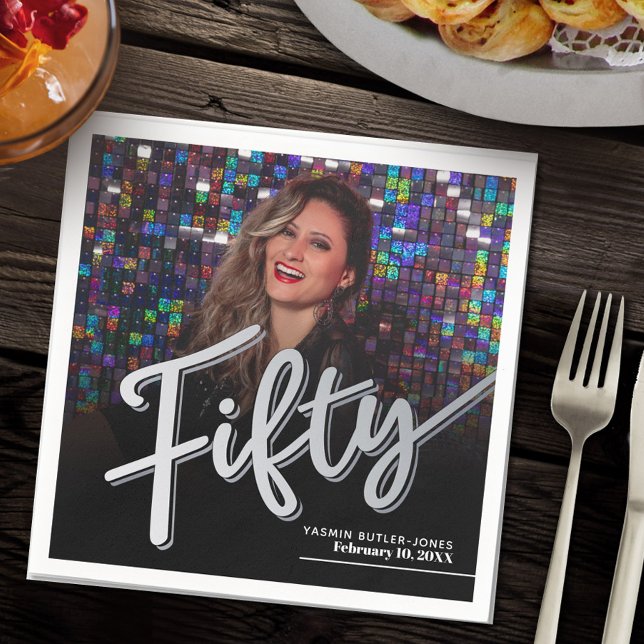 Fifty 50th Birthday custom photo script silver Napkins (Creator Uploaded)