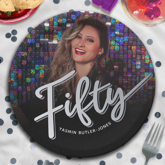 Fifty 50th Birthday custom photo script silver Paper Plates (Creator Uploaded)