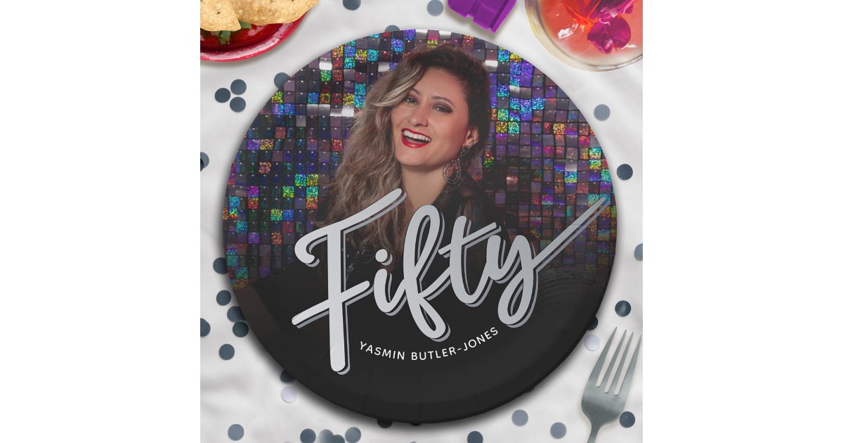 Fifty 50th Birthday custom photo silver color Paper Plates | Zazzle