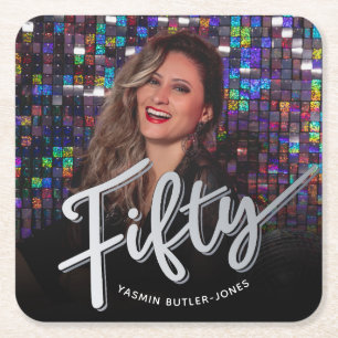 Fifty 50th Birthday custom photo silver color Square Paper Coaster