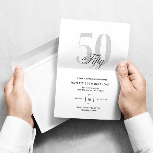 Fifty _ 50th Birthday Elegant Chic Black  White Invitation