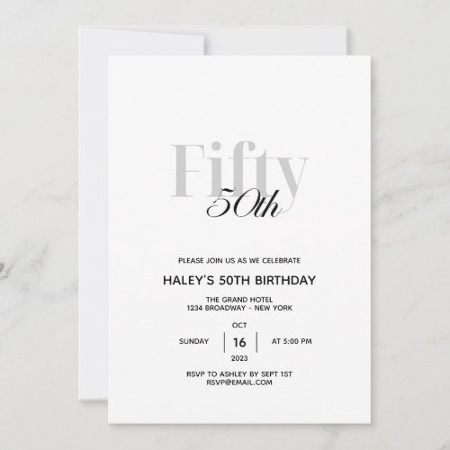 Fifty _ 50th Birthday Elegant Chic Black  White Invitation