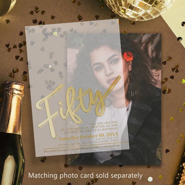 Fifty 50th birthday gold script text overlay vellum invitations (Creator Uploaded)