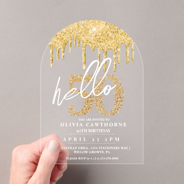 Fifty 50th Birthday Lux Gold Acrylic Invitation (Insitu (Handheld))