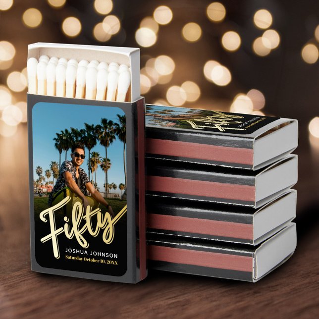 Fifty 50th birthday party favor photo gold black matchboxes (Creator Uploaded)