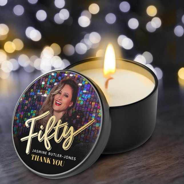 Fifty 50th birthday party photo gold black mini candle favors (Creator Uploaded)