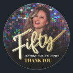 Fifty 50th birthday party photo gold favor classic round sticker<br><div class="desc">Fifty script text in gold metallic effect color and one large photo 50th birthday favor thank you stickers. Use for a fun addition to your birthday party favors to thank your guests for coming! Personalize this 50th birthday design with your own photo, name, thanks or other wording. Other years and...</div>