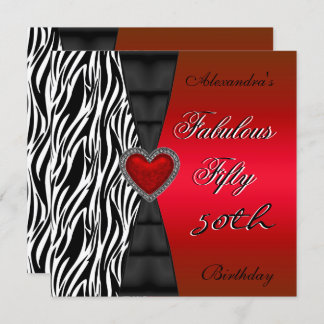 Fifty 50th Birthday Party Red Zebra Wild Black 2 Invitation